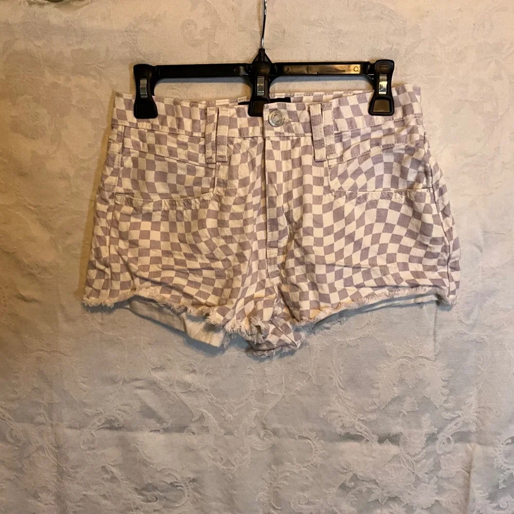 Aeropostale Womens 4R High Rise Distressed Checkerboard Denim Shorty Mini Shorts
